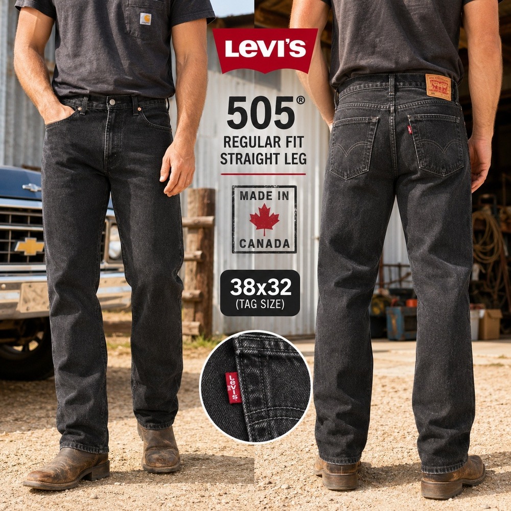 Levis 505 Mens Black Denim‎ Jeans 38x32 Y2k 2001 Regular Fit Straight Leg Canada